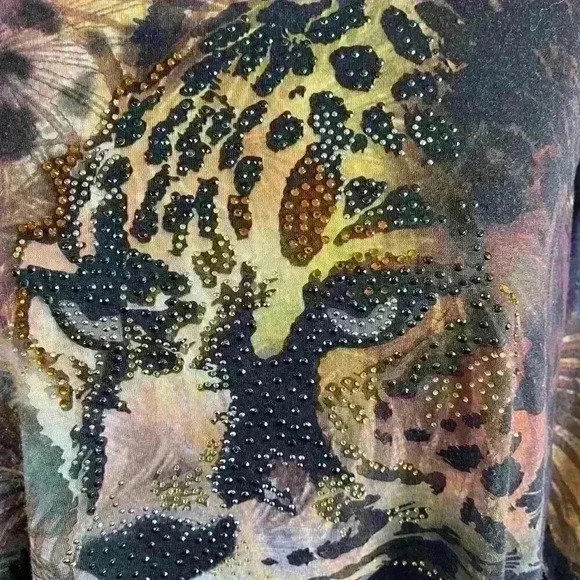 Chico’s leopard pullover jeweled tunic 3/4 sleeve brown multi colored women sz 2 - Picture 4 of 8